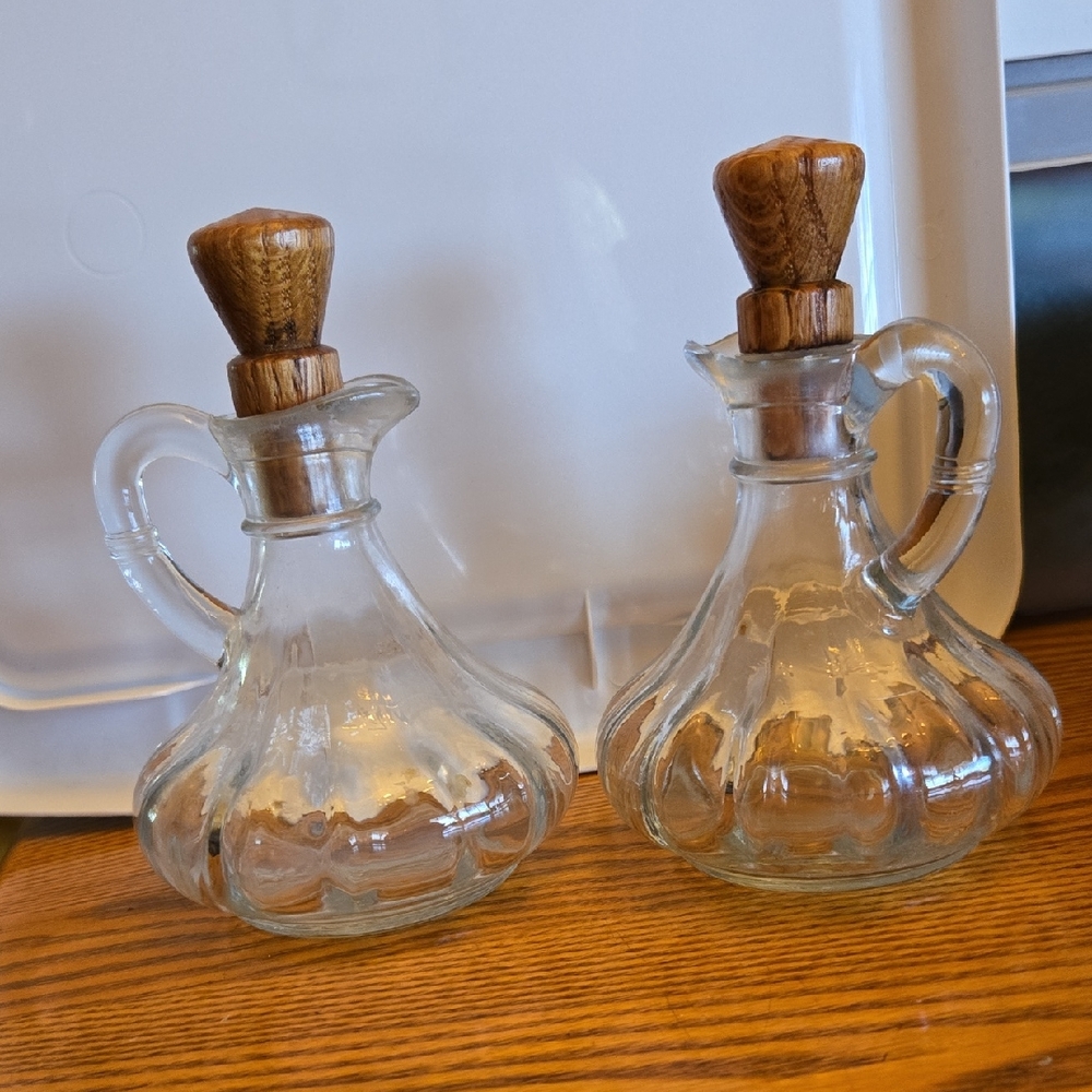Glass Oil and Vinegar Cruet Set with Wooden Stoppers